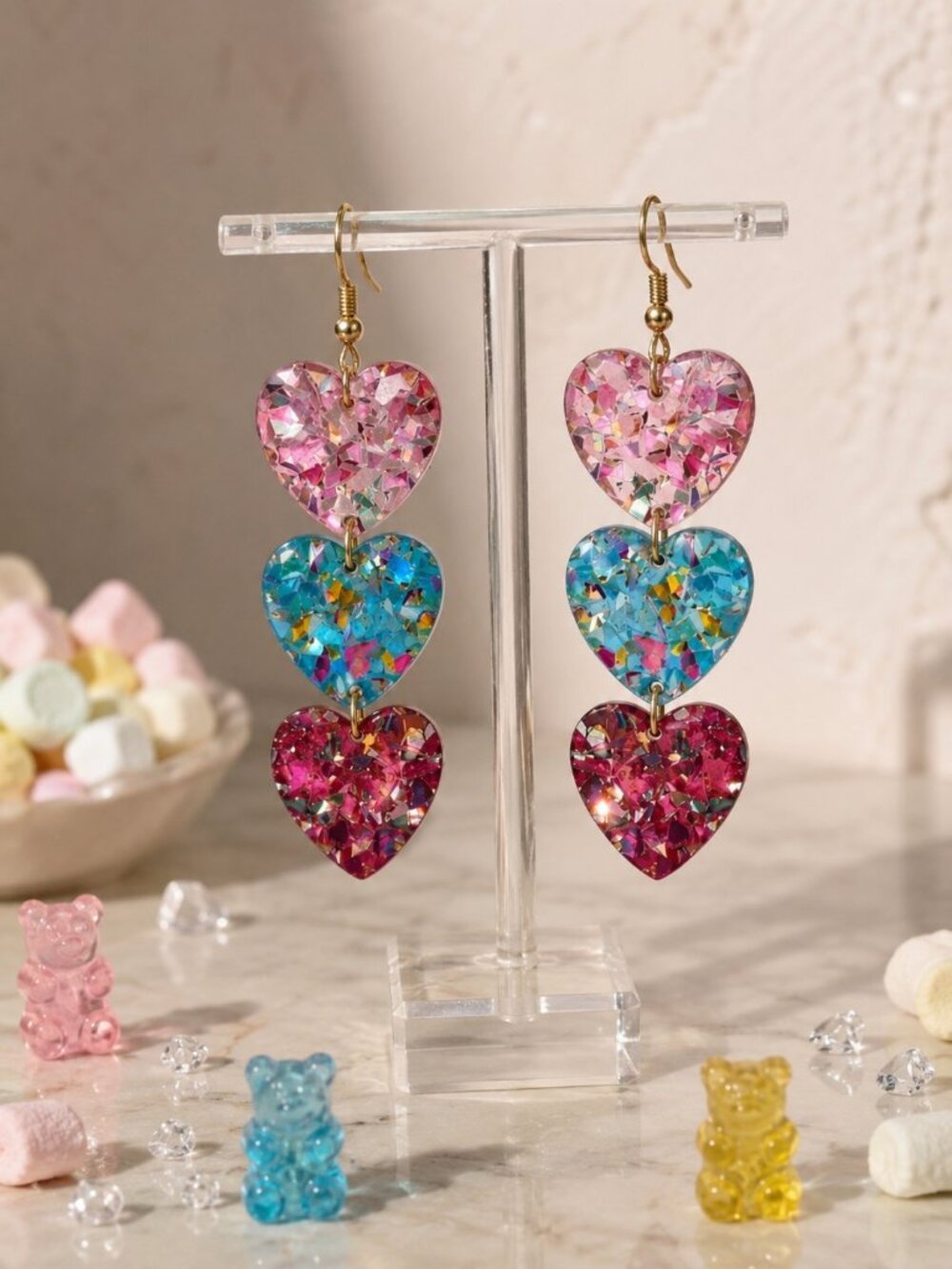 Triple Heart Confetti Glitter Resin Earrings Pink Teal Dopamine Dressing 3"